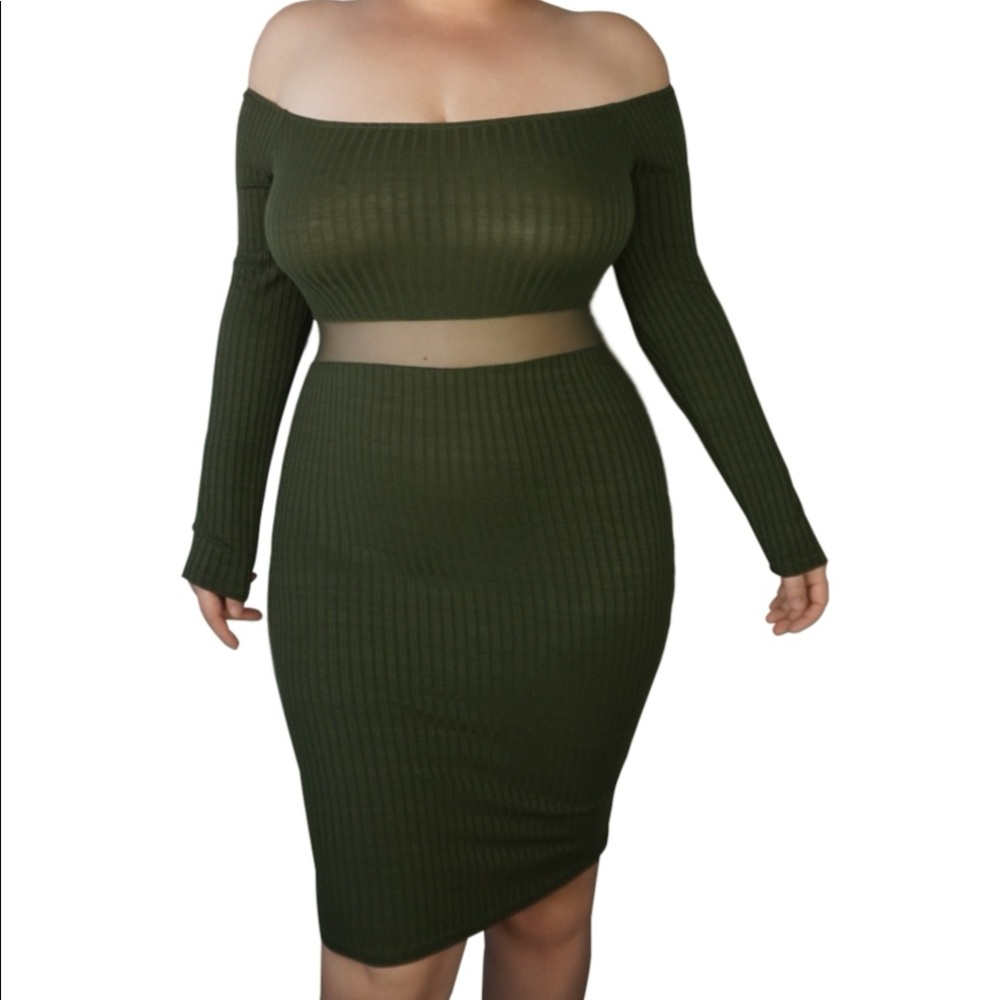 The Mesh Midi Dress Olive Green Off Shoulder
